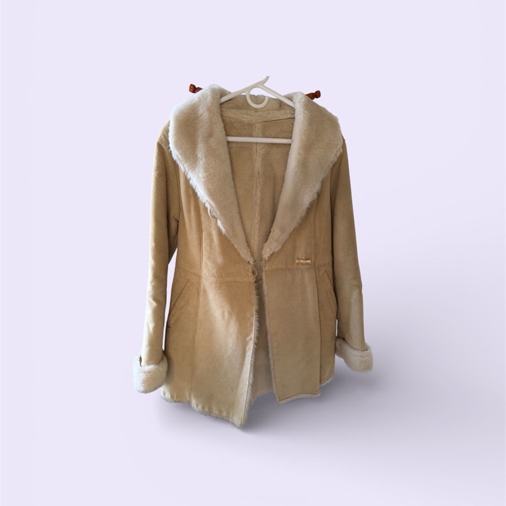 Womens Cream Shearling-Trim Suede Coat